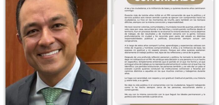 Américo Zúñiga renuncia al PRI tras más de 30 años de militancia; su salida es por diferencias con el rumbo actual del partido, señaló