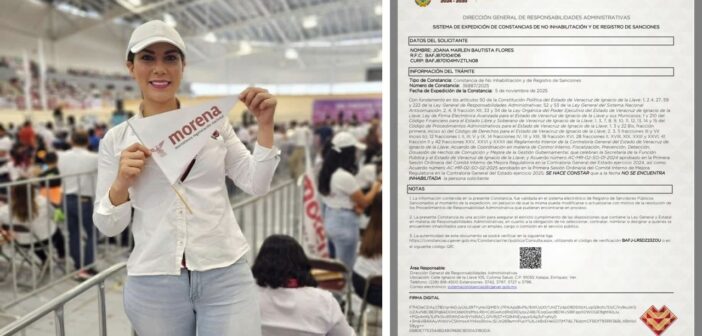 Afirma Joana Marlen Bautista que Contraloría de Nahle le dio constancia de no inhabilitación este mismo miércoles; acusa “persecución” y “violencia política de género” y amaga con “proceder en consecuencia” Afirma Joana Marlen Bautista que Contraloría de Nahle le dio constancia de no inhabilitación este mismo miércoles; acusa “persecución” y “violencia política de género” y amaga con “proceder en consecuencia”