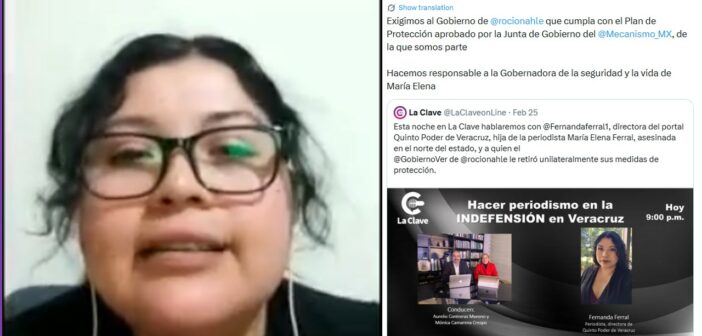 “Yo que tú me pongo a practicar el uso de armas, porque seguro irán por ti”: amenazan a periodista Fernanda de Luna Ferral tras retiro de medidas de protección por parte del gobierno de Nahle; periodista y Consejo Consultivo del Mecanismo federal de Protección responsabilizan a gobernadora de lo que le pase “Yo que tú me pongo a practicar el uso de armas, porque seguro irán por ti”: amenazan a periodista Fernanda de Luna Ferral tras retiro de medidas de protección por parte del gobierno de Nahle; periodista y Consejo Consultivo del Mecanismo federal de Protección responsabilizan a gobernadora de lo que le pase