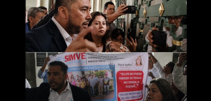 SIMVE protesta afuera de palacio de gobierno durante conferencia de Nahle; líder sindical denuncia cese arbitrario por parte de la SEV