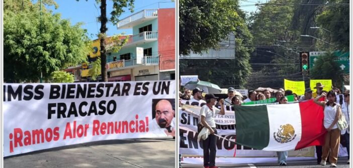 Trabajadores de la salud marchan en Xalapa pidiendo abasto de insumos para la atención de los pacientes y la renuncia del delegado del IMSS-Bienestar en Veracruz, Roberto Ramos Alor