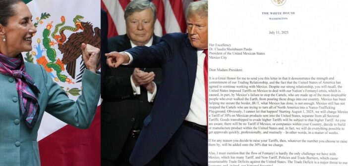 Un día después de declaración de culpabilidad de Ovidio Guzmán, impone Trump aranceles de 30% a México; afirma que lo que el gobierno de Sheinbaum ha hecho en el combate al narcotráfico “no es suficiente”; presidenta justifica con que tarifas son para “todo el mundo”