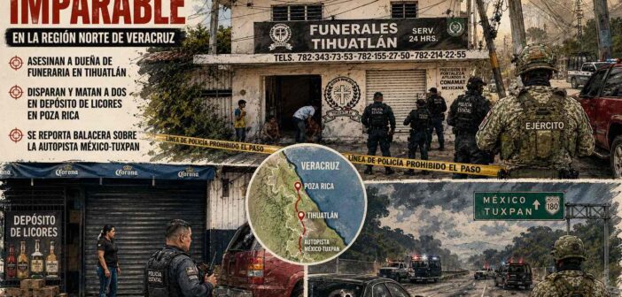 Jornada de violencia imparable en la región norte de Veracruz: asesinan a dueña de funeraria en Tihuatlán, disparan y matan a dos en depósito de licores en Poza Rica y se reporta balacera sobre la autopista México-Tuxpan Jornada de violencia imparable en la región norte de Veracruz: asesinan a dueña de funeraria en Tihuatlán, disparan y matan a dos en depósito de licores en Poza Rica y se reporta balacera sobre la autopista México-Tuxpan